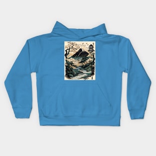 Traditional Japanese Mountain River Nature Scene Kids Hoodie